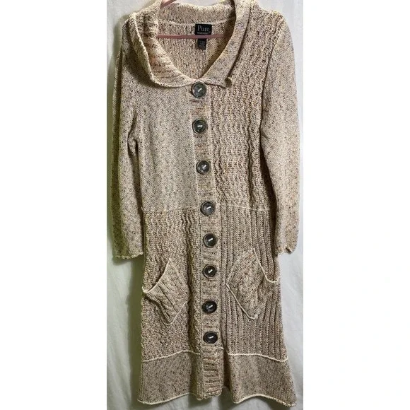 Pure Handknit Tan Cotton Cardigan Sweater M/L Long Button Up Boho Cottage Core - Picture 1 of 8